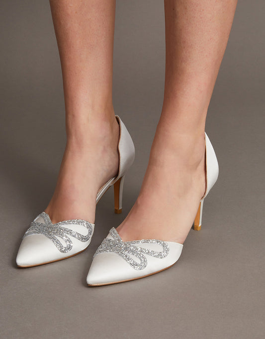Glitter bow pointed toe bridal court heels ivory