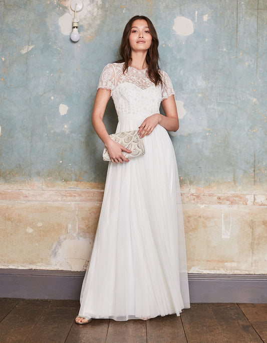 Olive floral embellished tulle bridal dress ivory
