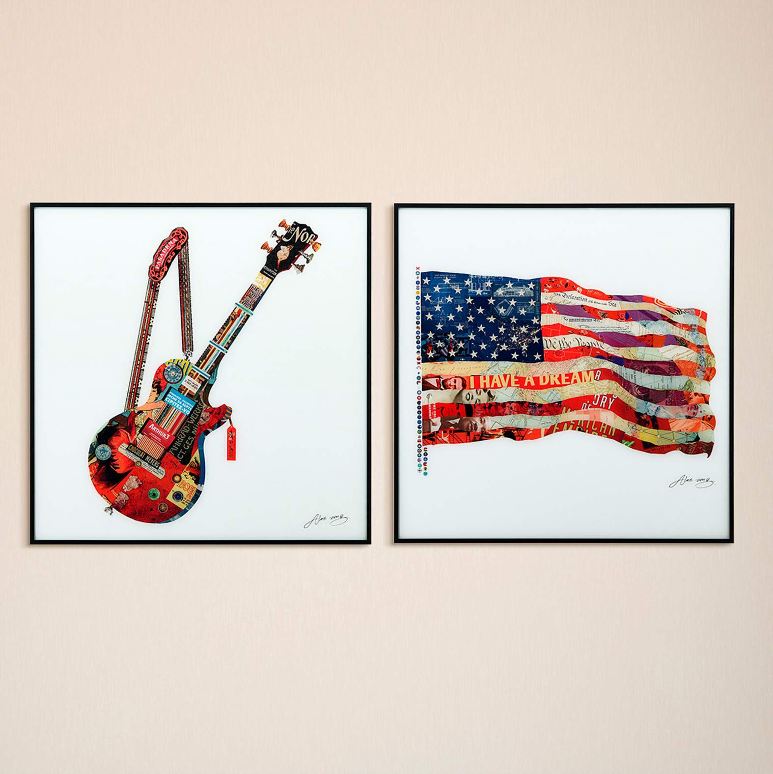 Electric Guitar and Old Glory 24" Square Framed Wall Art Set