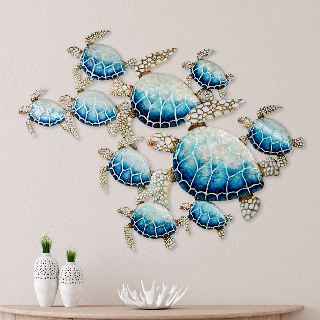 Sea Turtles Group of Ten 48" Wide Blue Metal Wall Decor