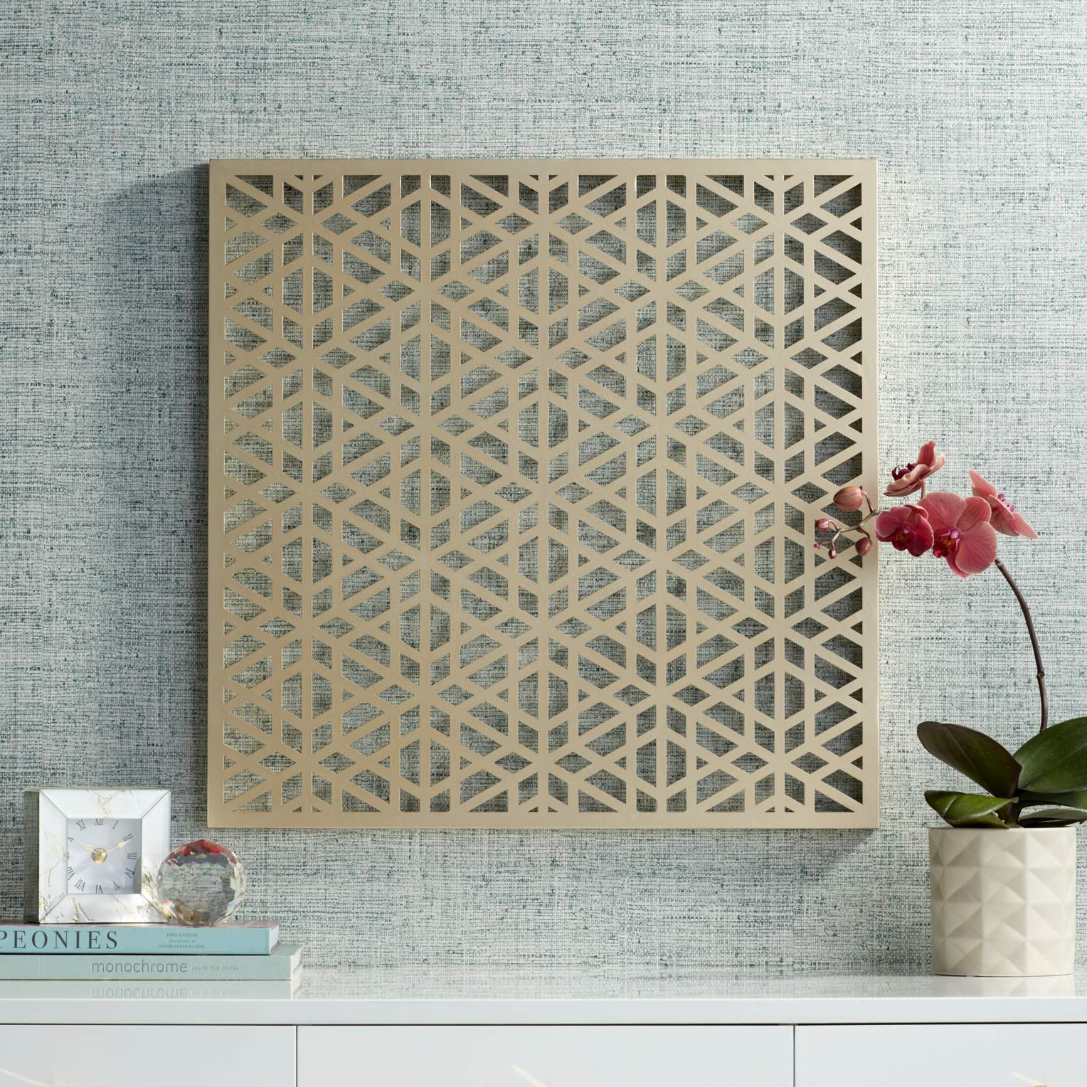 Laser Cut Geometric Screen 24" Square Glossy Gold Wall Art