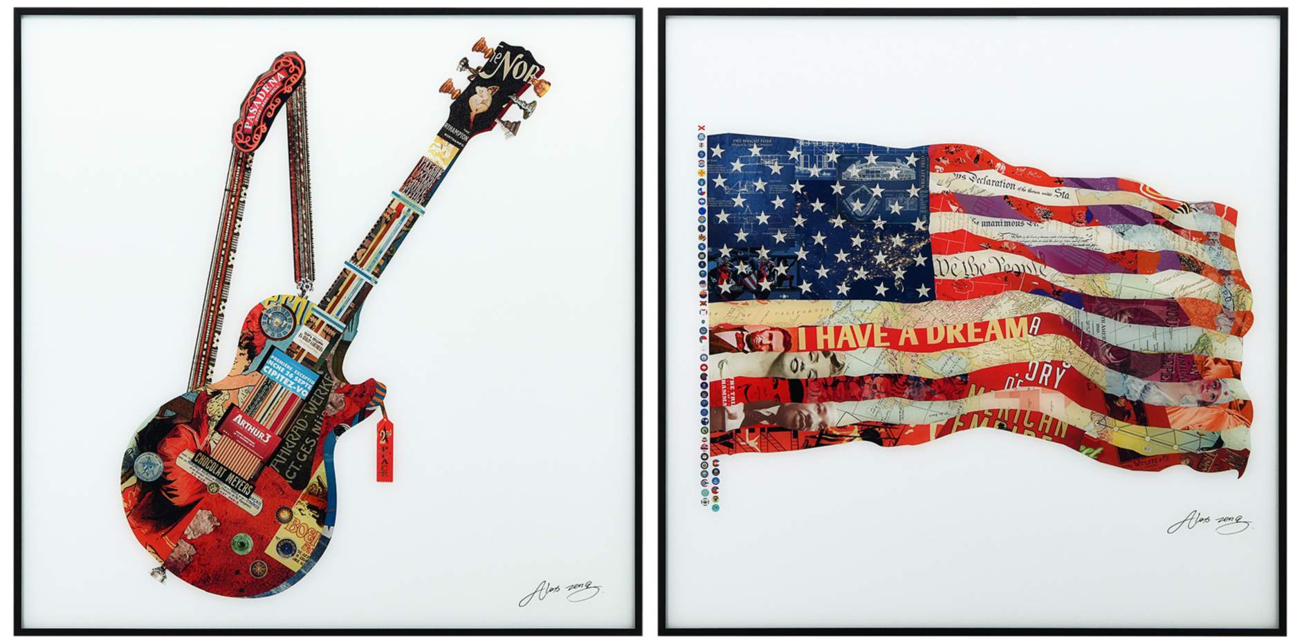 Electric Guitar and Old Glory 24" Square Framed Wall Art Set