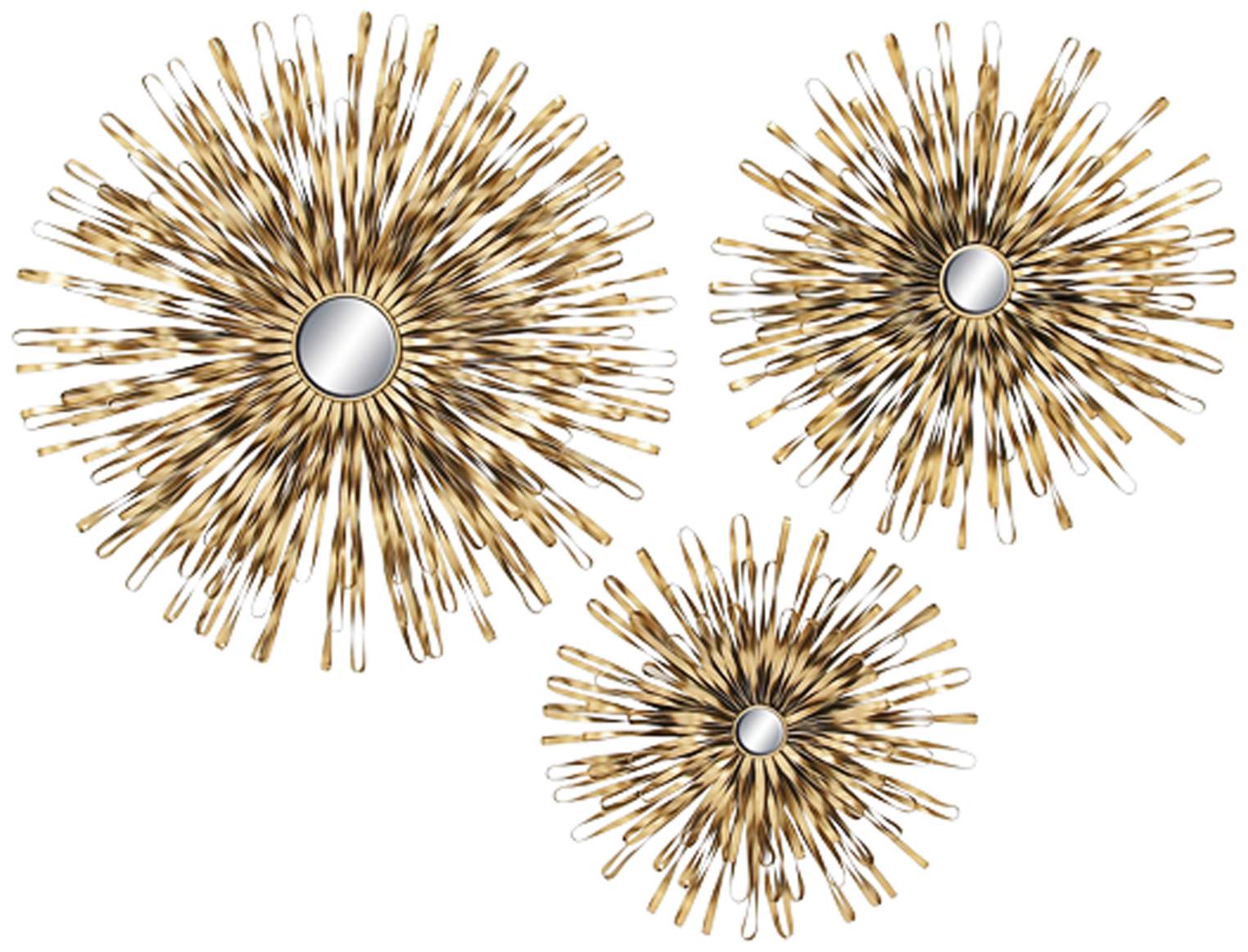 Burst 3-Piece Metal Gold Sunburst Wall Art Set with Mirrors